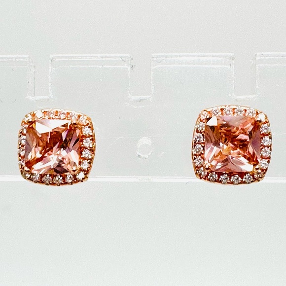 STERLING SILVER 925 Rose Gold Vermeil Stud Earrings CZ Peach & Clear Dainty - Picture 2 of 11